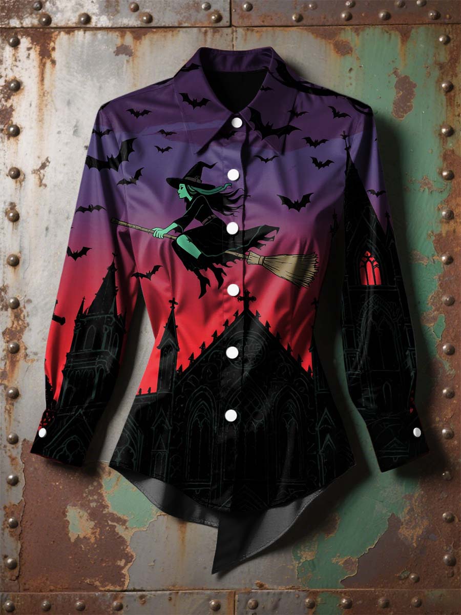 Women's Vintage Punk Halloween Witch Bats Printed Casual Long Sleeve Irregular Shirt