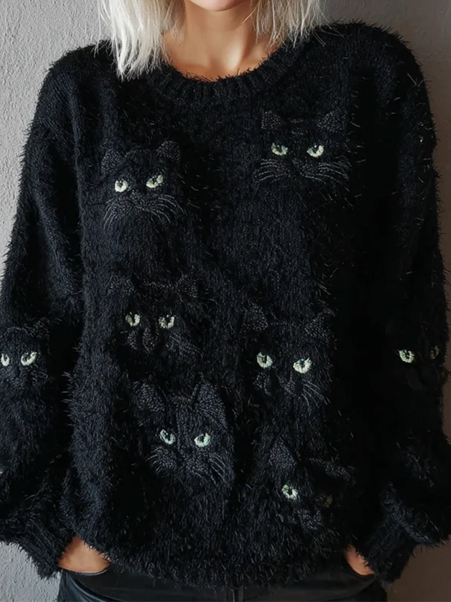 Women's Vintage Cat Art Print Sweater