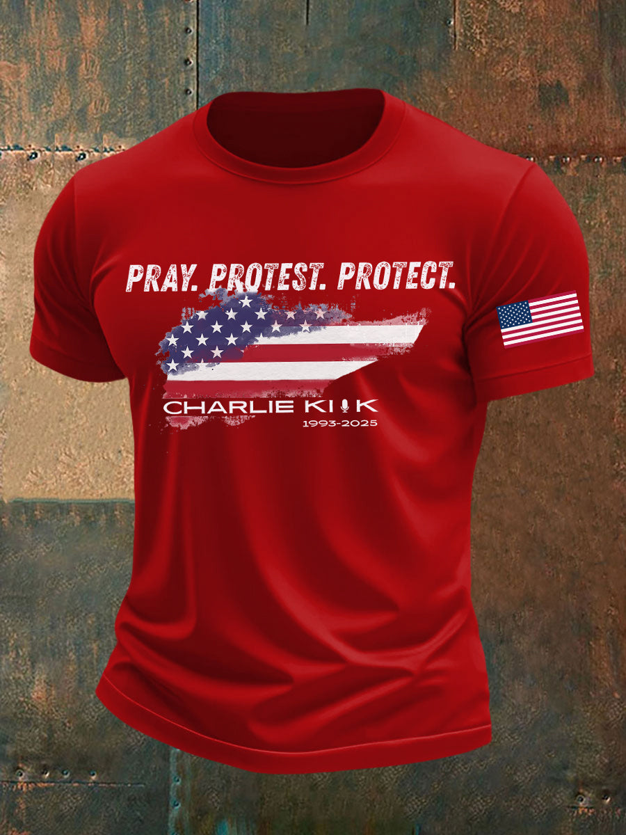Men's Pray Protest Protect Charlie Kirk Printed T-shirt
