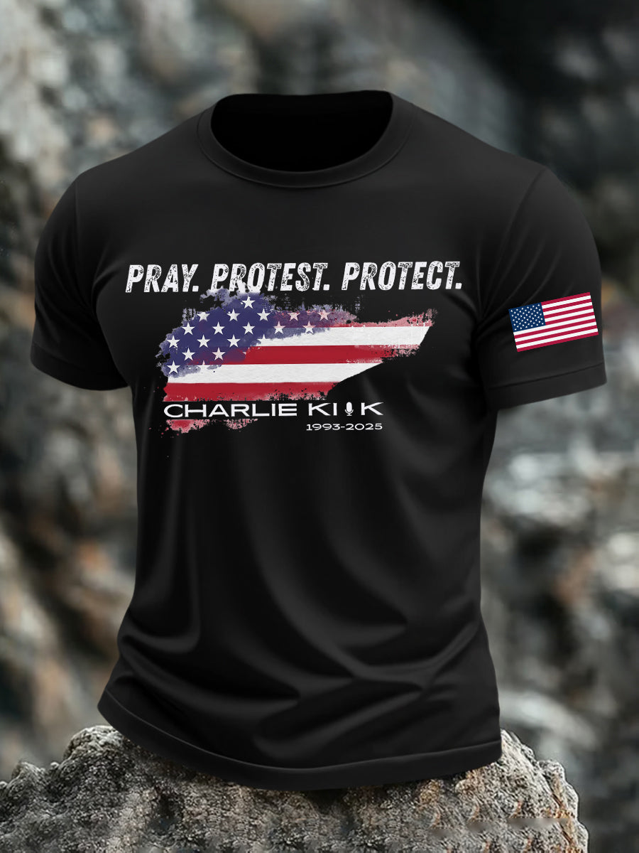 Men's Pray Protest Protect Charlie Kirk Printed T-shirt