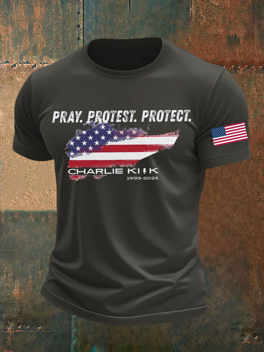 Men's Pray Protest Protect Charlie Kirk Printed T-shirt