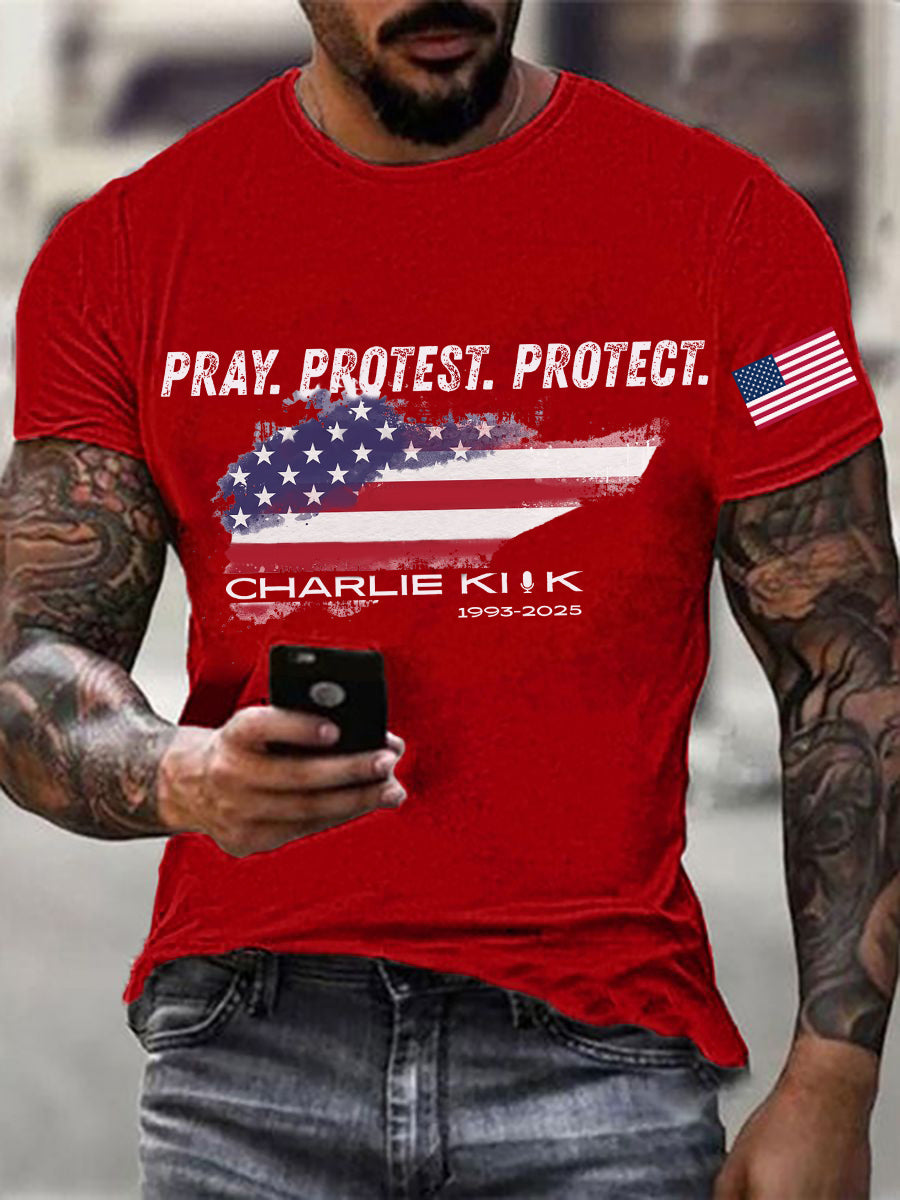 Men's Pray Protest Protect Charlie Kirk Printed T-shirt