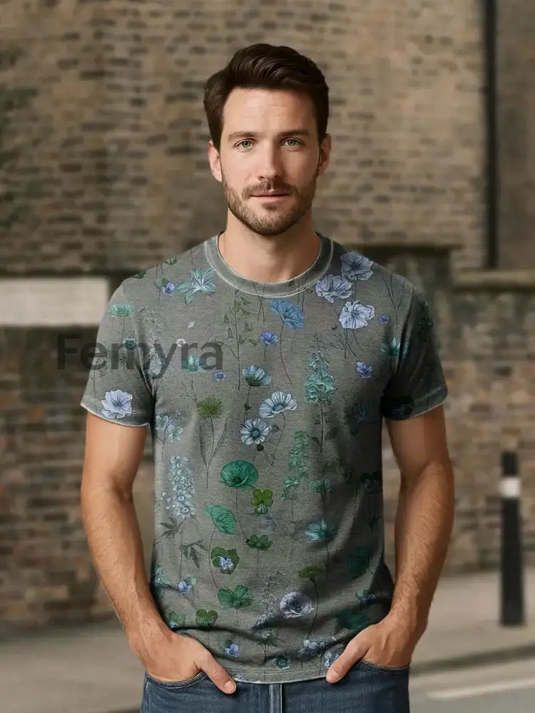 Unisex Retro Abstract Floral Print Casual Loose Short Sleeve T-Shirt