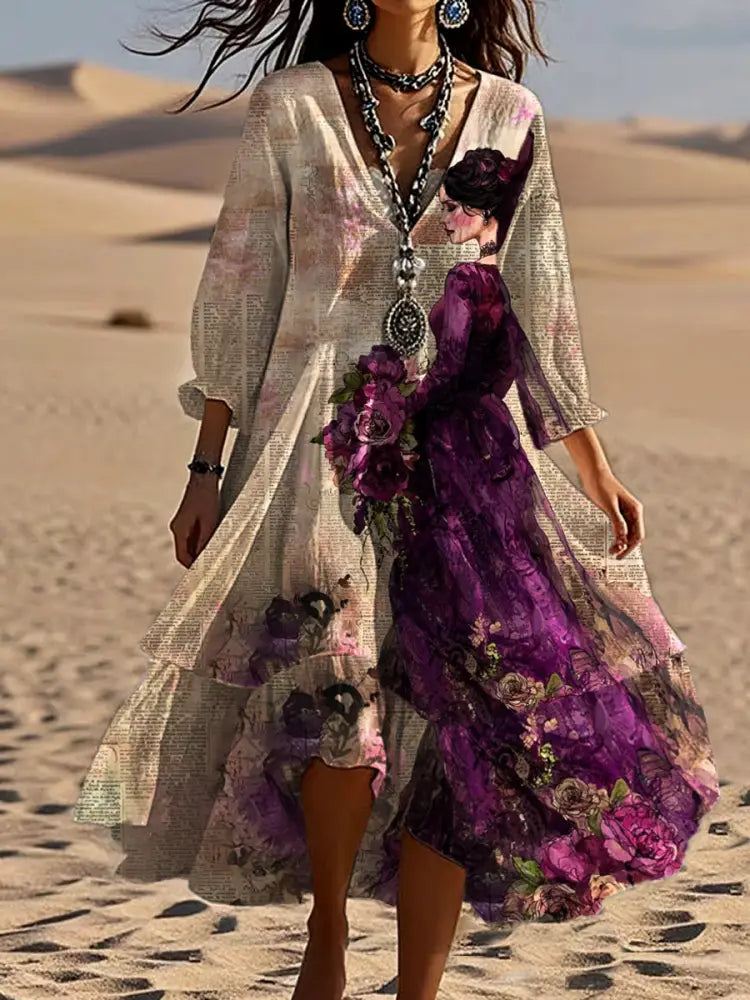 Vintage Bohemian V-Shaped Floral Art Print Casual Elegant Fashion Double Dress A / S