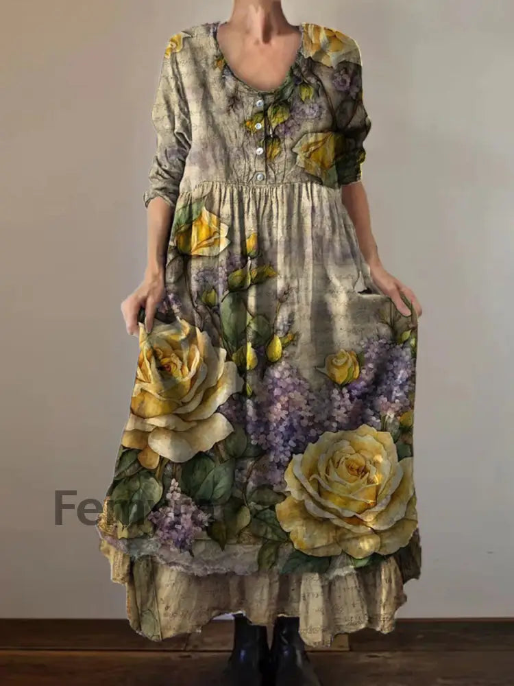 Vintage Round Neck Bohemian Floral Print Elegant Chic Loose Midi Dress A / S