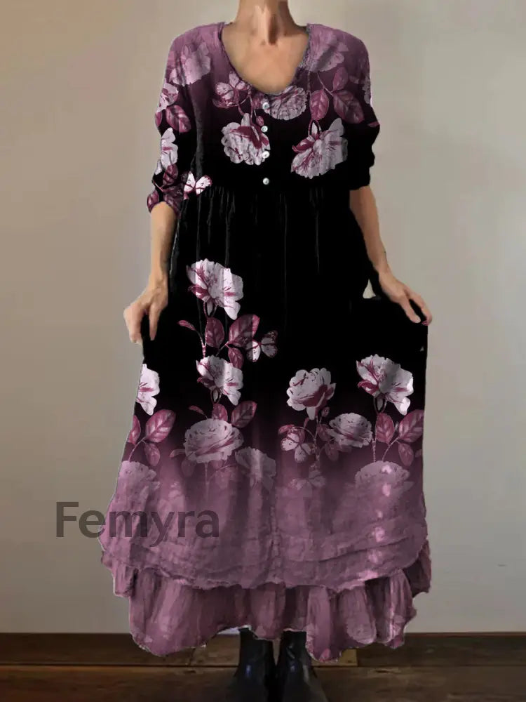 Vintage Round Neck Bohemian Floral Print Elegant Chic Loose Midi Dress A / S