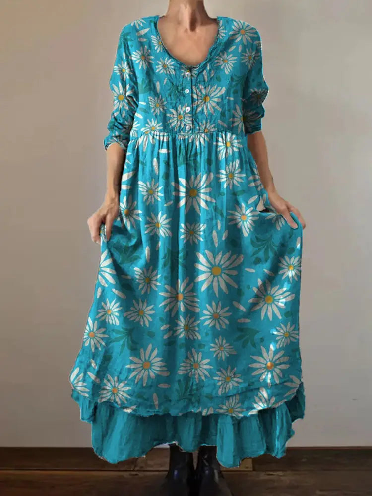 Vintage Round Neck Bohemian Floral Print Elegant Chic Loose Midi Dress A / S