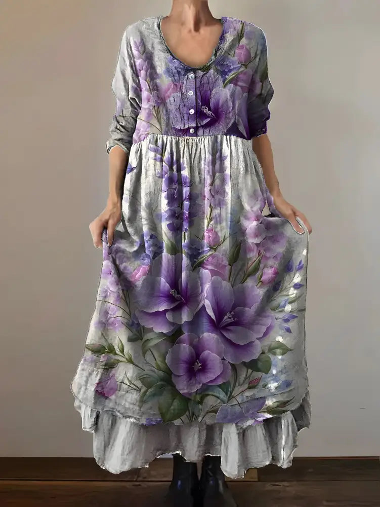 Vintage Round Neck Bohemian Floral Print Elegant Chic Loose Midi Dress A / S