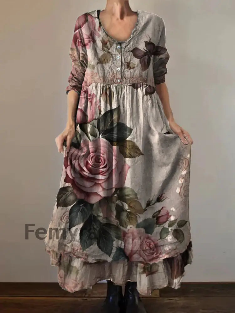 Vintage Round Neck Bohemian Floral Print Elegant Chic Loose Midi Dress A / S