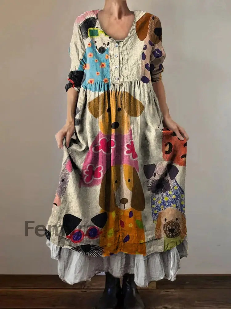 Vintage V-neck Bohemian Animal Print Elegant Chic Loose Midi Dress A / S
