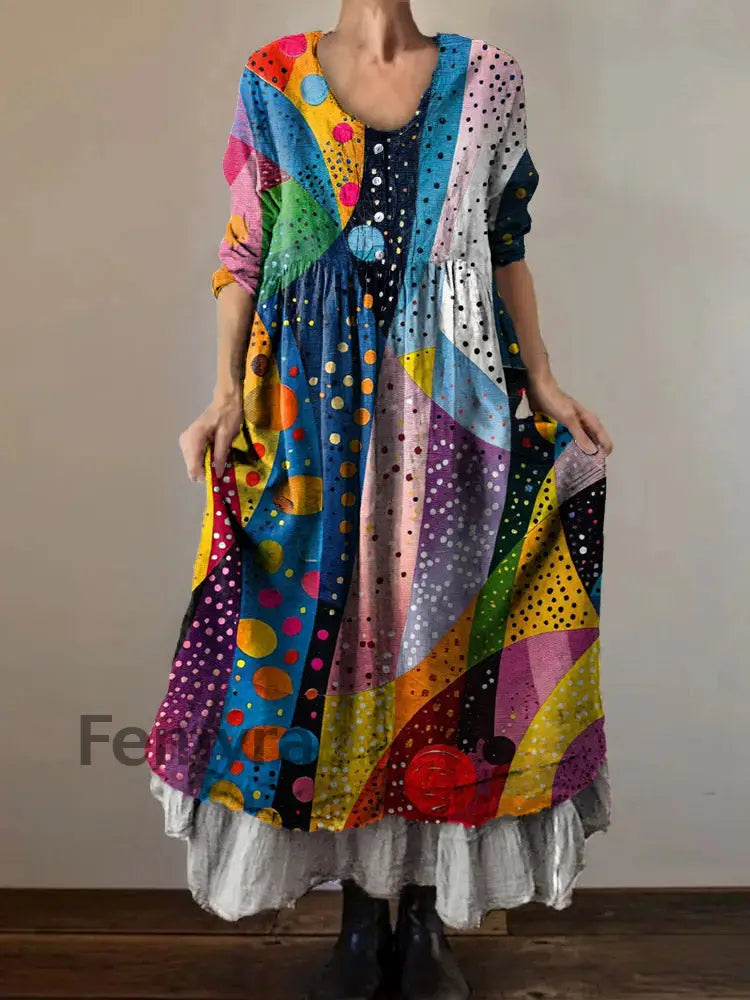 Vintage V-neck Bohemian Art Print Elegant Chic Loose Midi Dress A / S