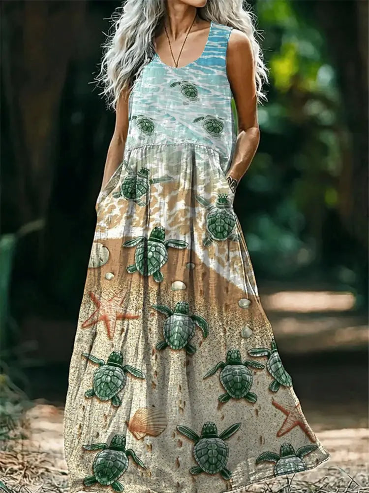 Vintage V-neck Bohemian Ocean turtle Print Elegant Chic Loose Midi Dress A / S
