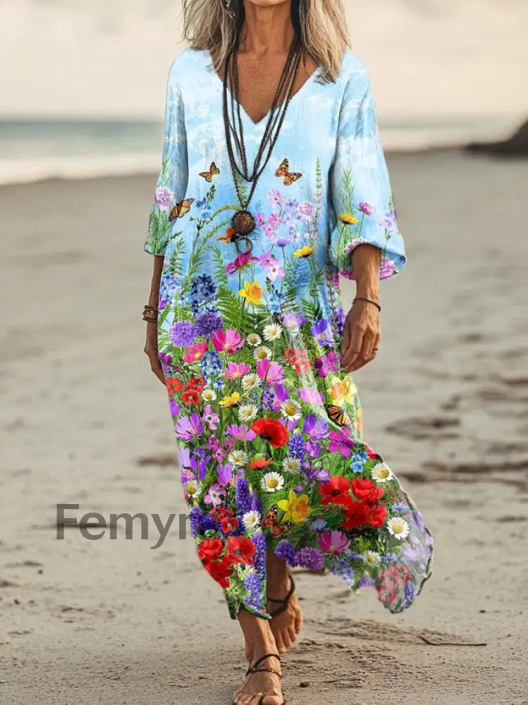 Vintage V-neck Bohemian Floral Print Elegant Chic Loose Midi Dress A / S