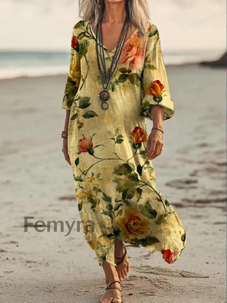 Vintage V-neck Bohemian Floral Print Elegant Chic Loose Midi Dress A / S