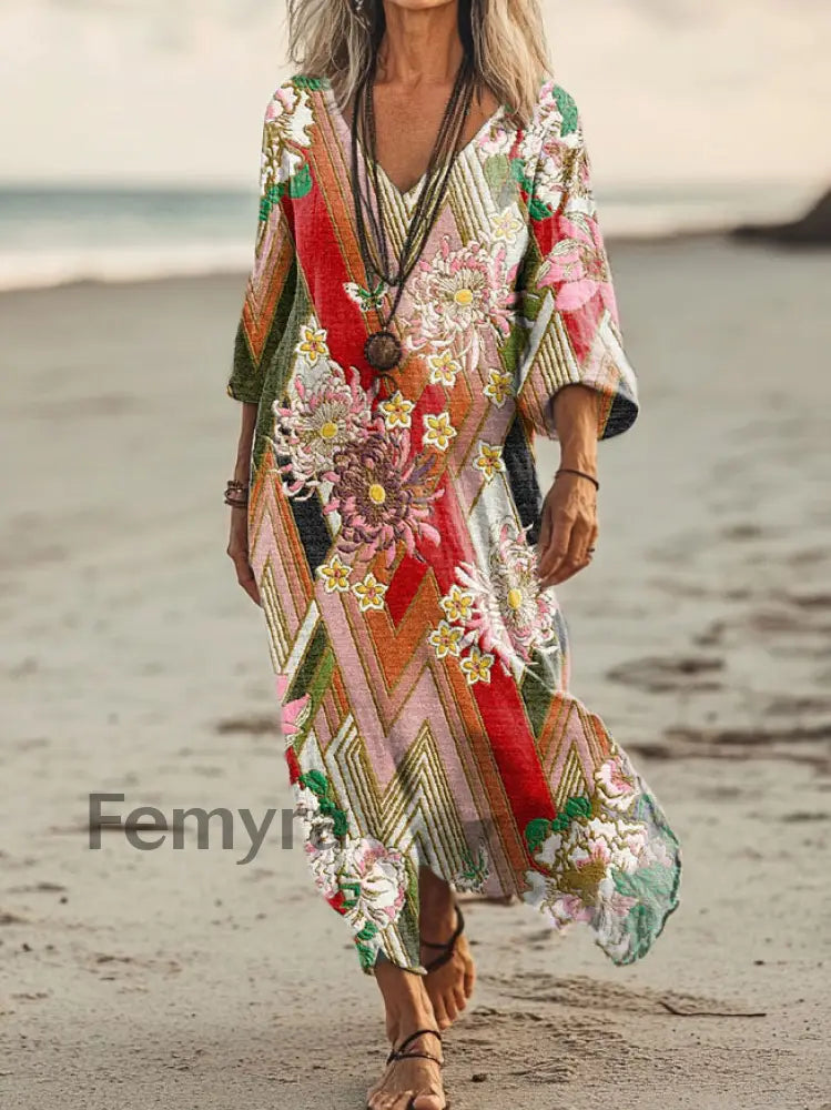 Vintage V-neck Bohemian Floral Print Elegant Chic Loose Midi Dress A / S