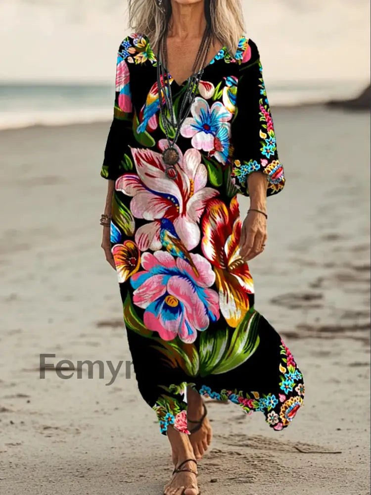 Vintage V-neck Bohemian Floral Print Elegant Chic Loose Midi Dress A / S