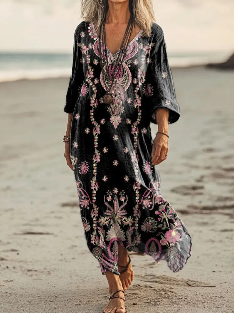 Vintage V-neck Bohemian Floral Print Elegant Chic Loose Midi Dress A / S