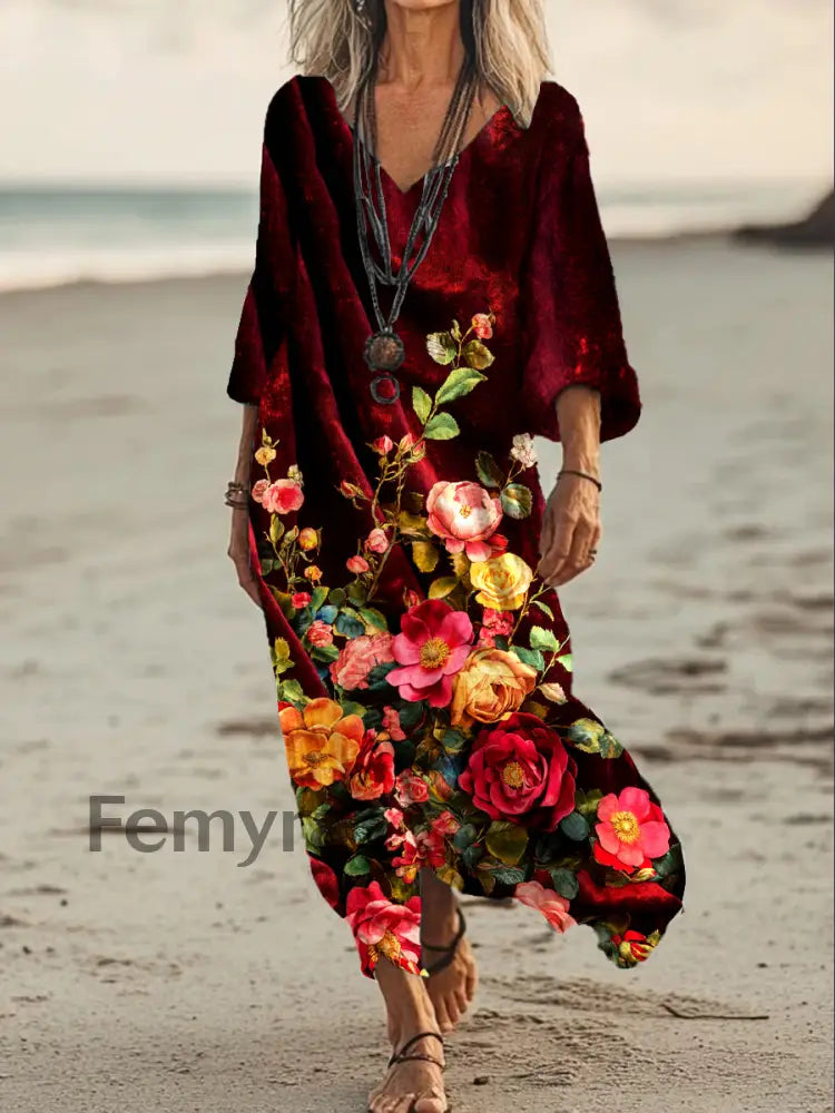 Vintage V-neck Bohemian Floral Print Elegant Chic Loose Midi Dress A / S