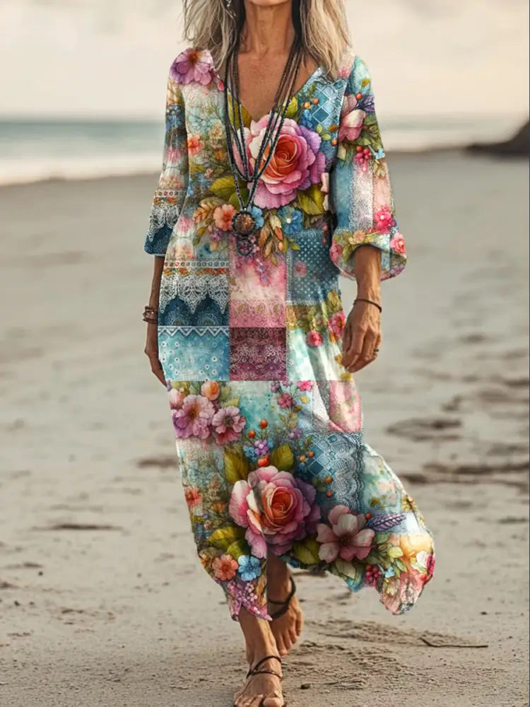 Vintage V-neck Bohemian Floral Print Elegant Chic Loose Midi Dress A / S