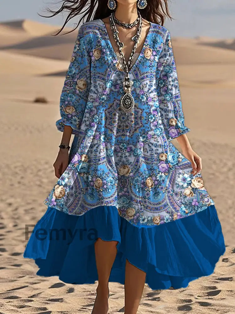 Vintage V-neck Bohemian Floral Print Elegant Chic Loose Midi Dress A / S