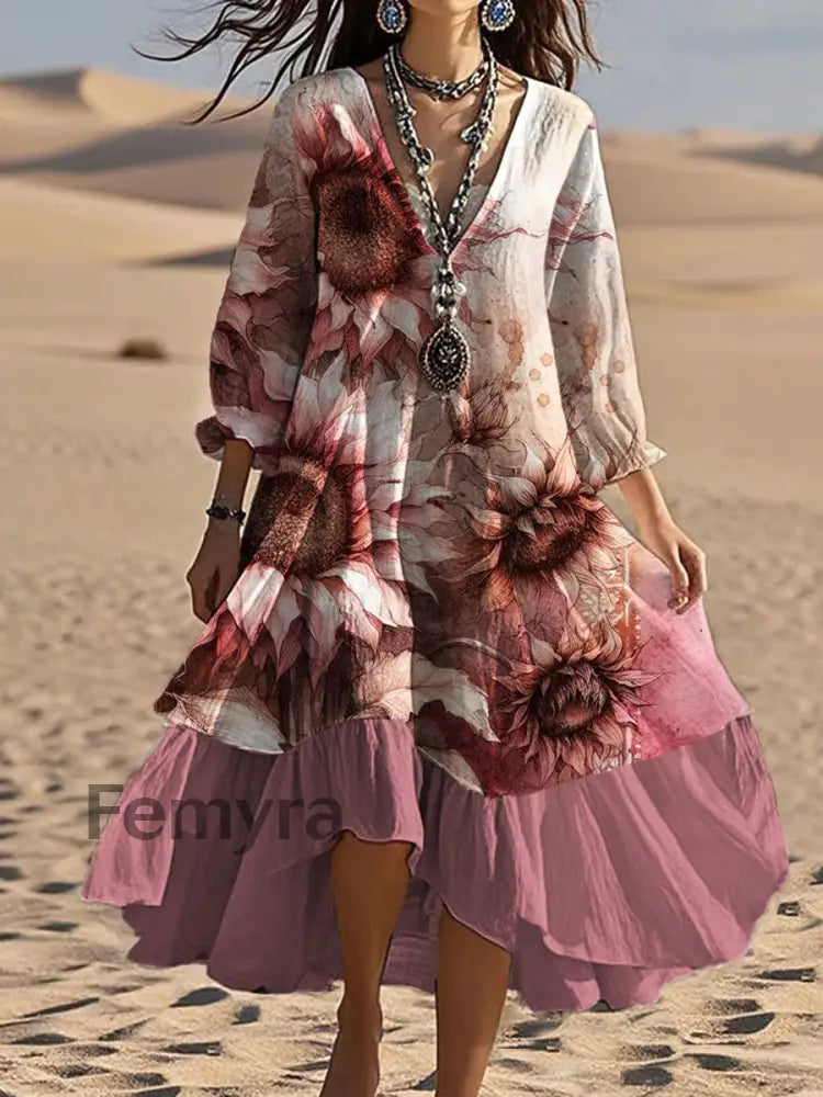 Vintage V-neck Bohemian Floral Print Elegant Chic Loose Midi Dress A / S