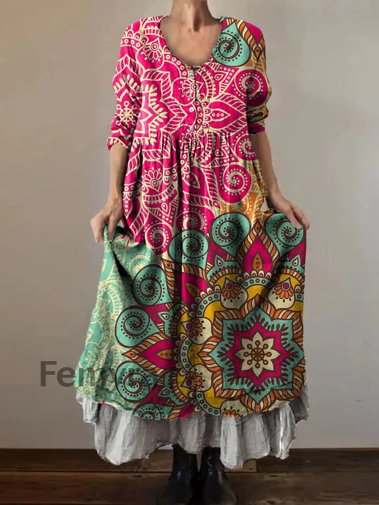Vintage V-neck Bohemian Floral Print Elegant Chic Loose Midi Dress A / S