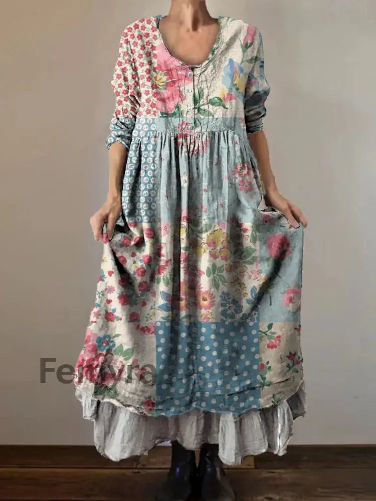 Vintage V-neck Bohemian Floral Print Elegant Chic Loose Midi Dress A / S