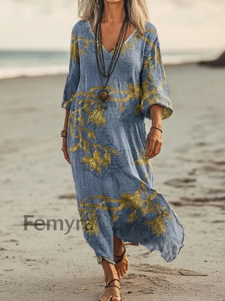 Vintage V-neck Bohemian Floral Print Elegant Chic Loose Midi Dress A / S