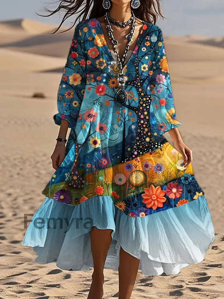 Vintage V-neck Bohemian Floral Print Elegant Chic Loose Midi Dress A / S