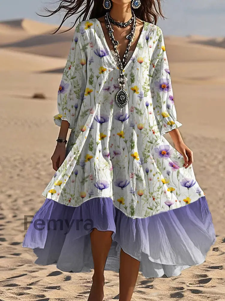 Vintage V-neck Bohemian Floral Print Elegant Chic Loose Midi Dress A / S