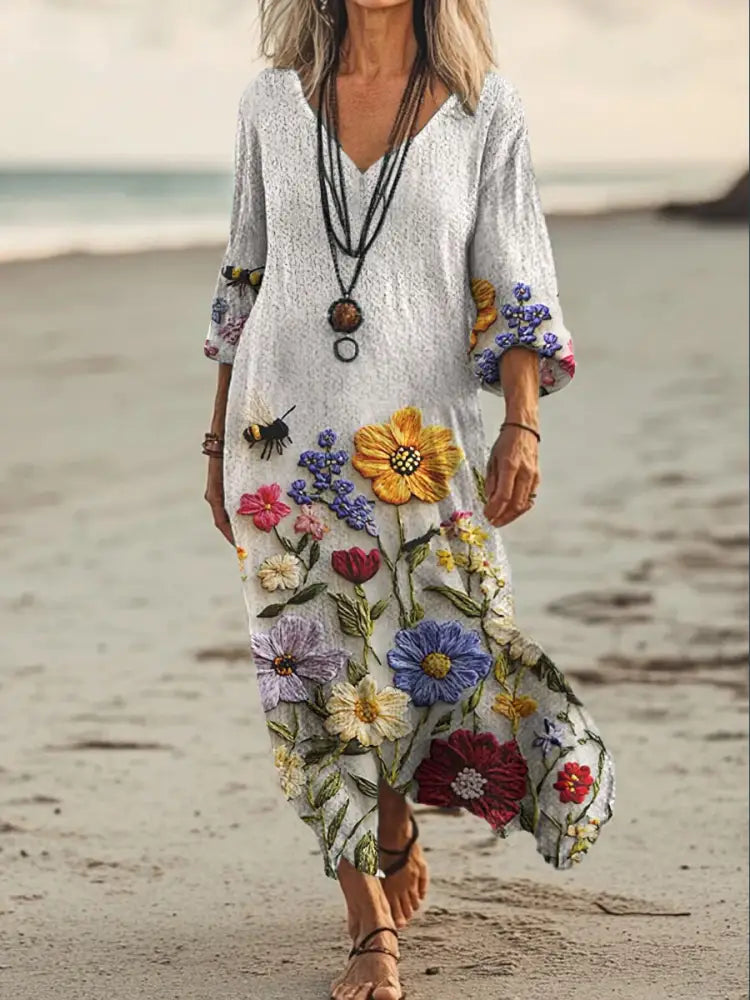 Vintage V-neck Bohemian Floral Print Elegant Chic Loose Midi Dress A / S