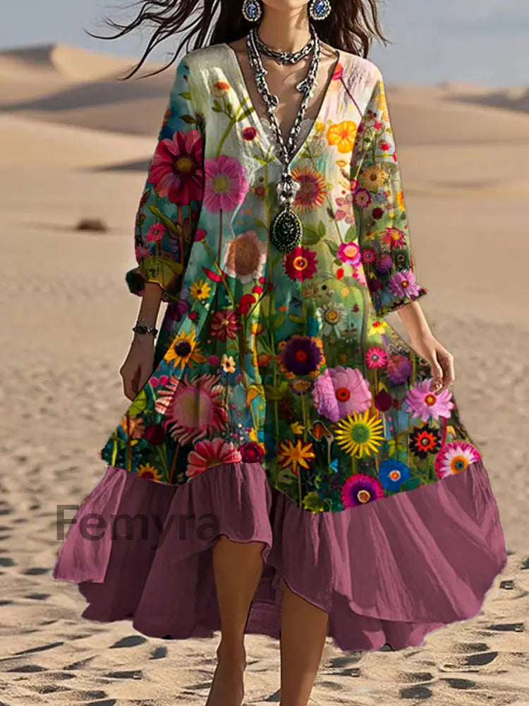 Vintage V-neck Bohemian Floral Print Elegant Chic Loose Midi Dress A / S