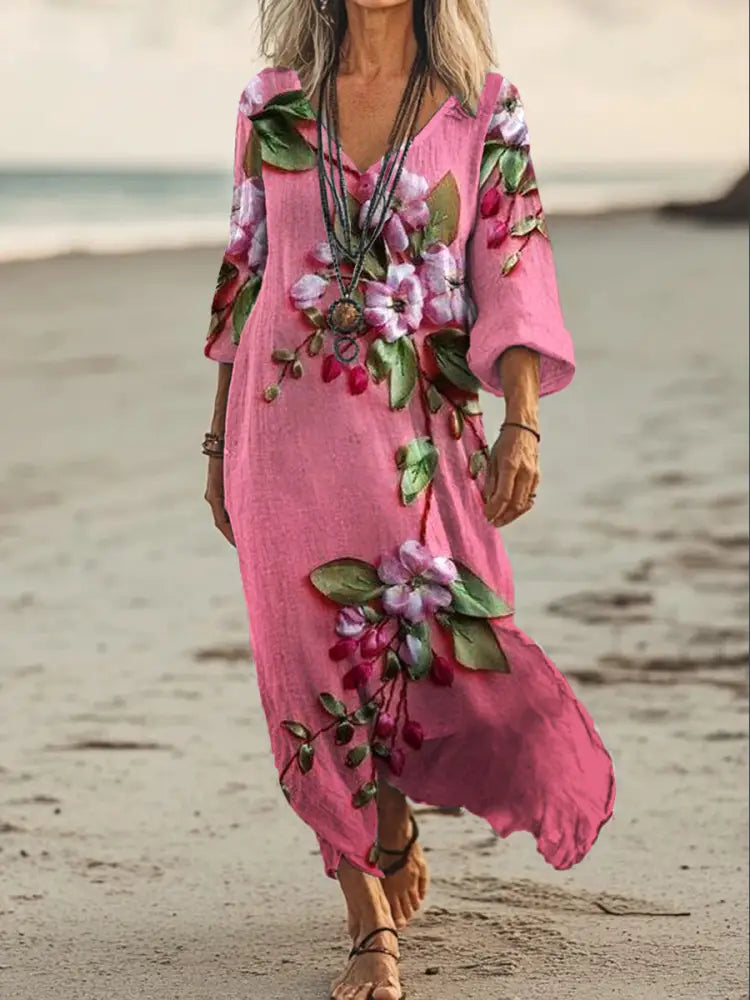 Vintage V-neck Bohemian Floral Print Elegant Chic Loose Midi Dress A / S