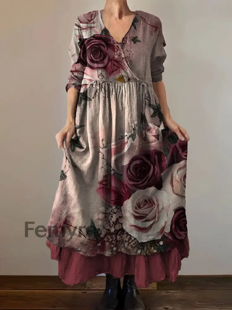 Vintage V-neck Bohemian Floral Print Elegant Chic Loose Midi Dress A / S