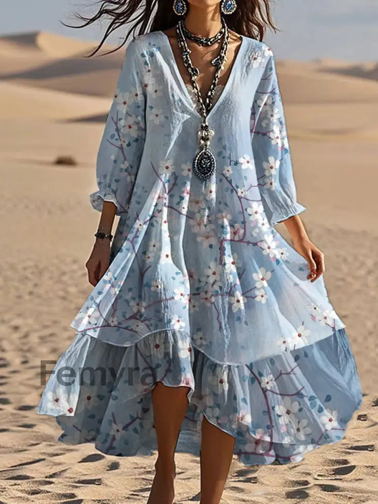 Vintage V-neck Bohemian Floral Print Elegant Chic Loose Midi Dress A / S