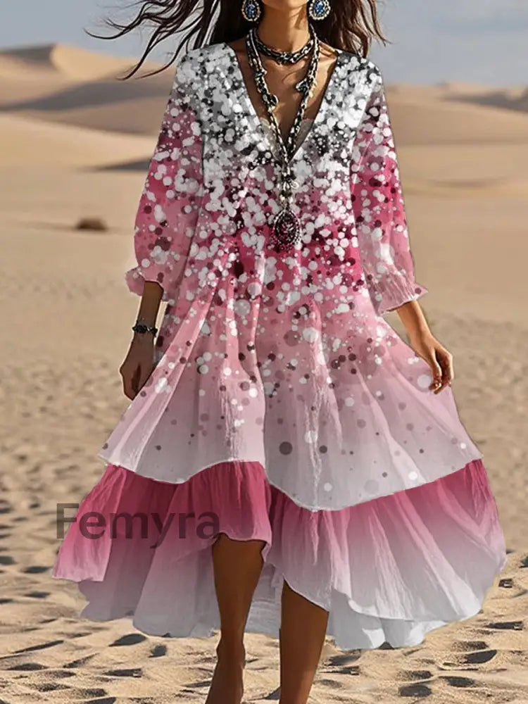 Vintage V-neck Bohemian Floral Print Elegant Chic Loose Midi Dress A / S