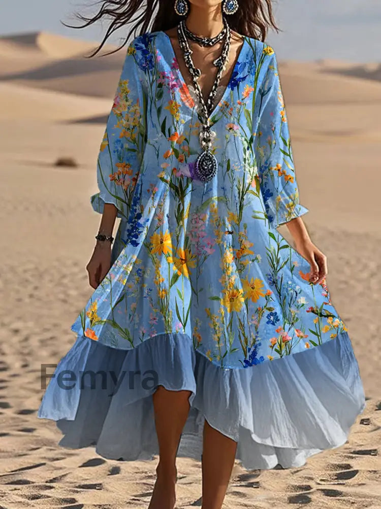 Vintage V-neck Bohemian Floral Print Elegant Chic Loose Midi Dress A / S