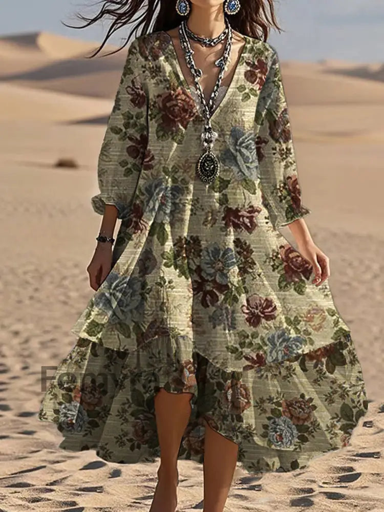 Vintage V-neck Bohemian Floral Print Elegant Chic Loose Midi Dress A / S