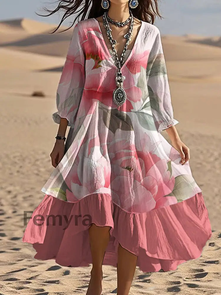 Vintage V-neck Bohemian Floral Print Elegant Chic Loose Midi Dress A / S
