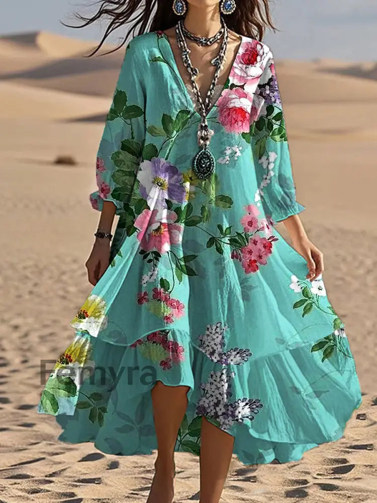 Vintage V-neck Bohemian Floral Print Elegant Chic Loose Midi Dress A / S