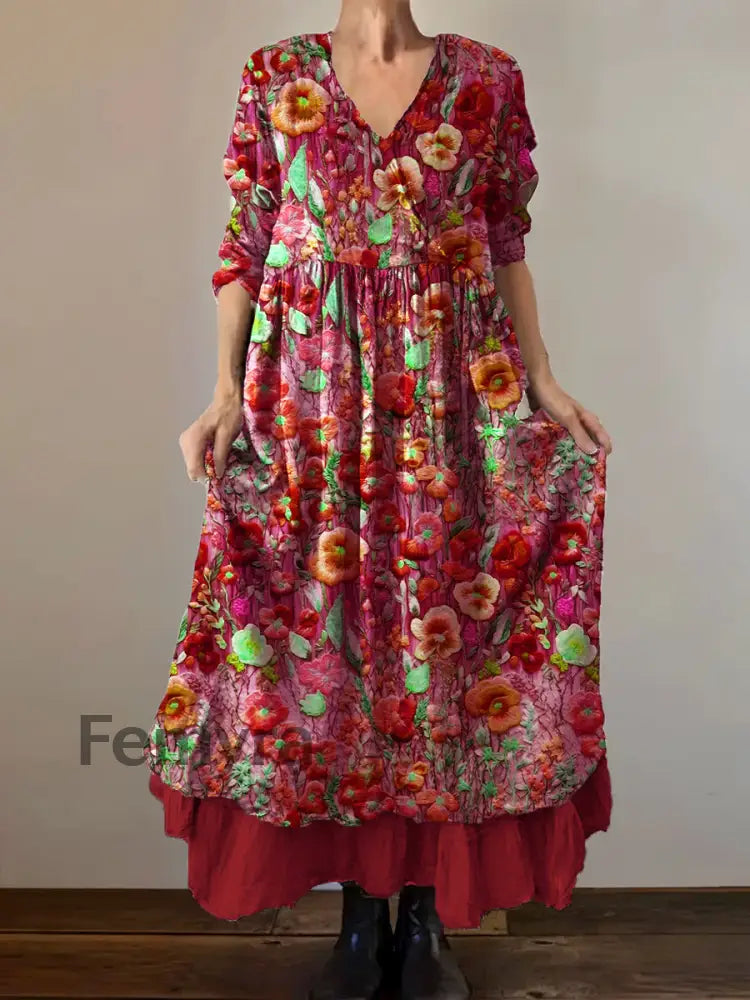 VintageV Neck Bohemian Floral Print Elegant Chic Loose Midi Dress A / S
