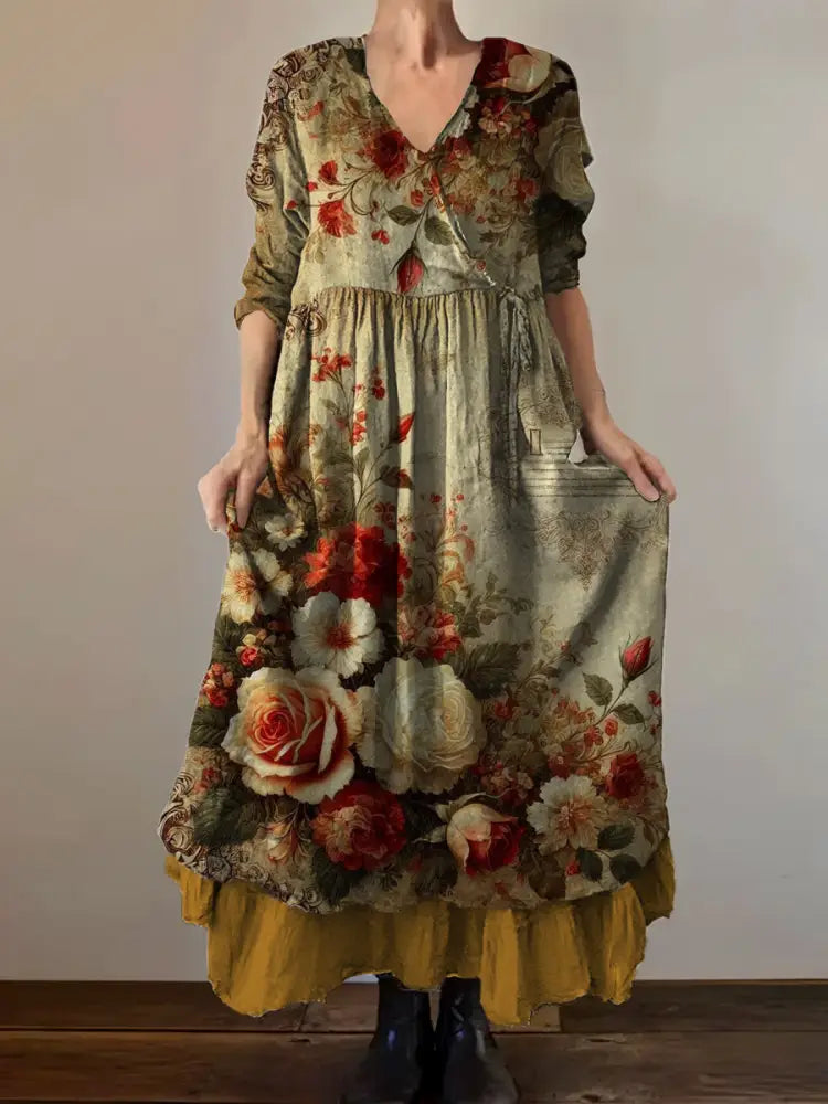 VintageV Neck Bohemian Floral Print Elegant Chic Loose Midi Dress A / S