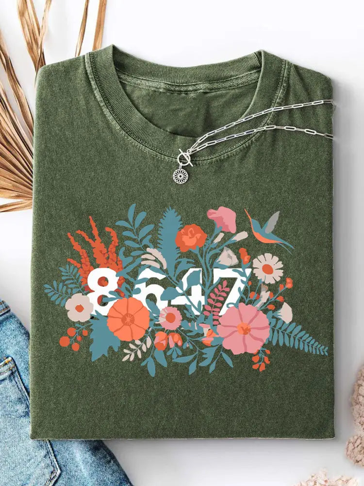 Women’s 8647 Floral Print Casual T-shirt Army Green / S