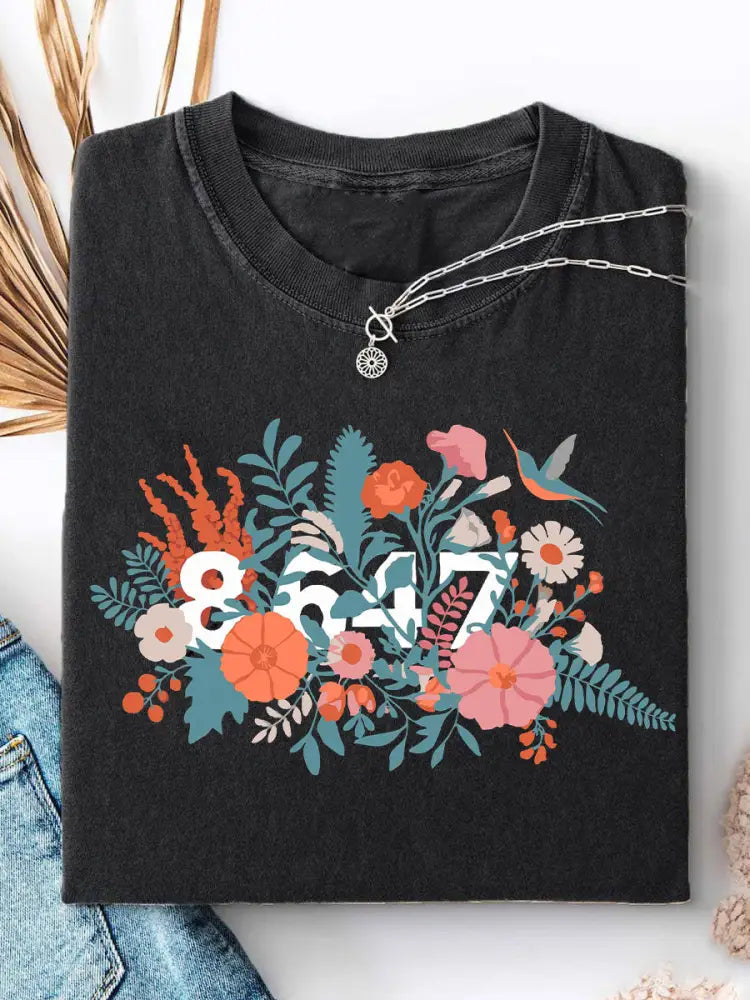 Women’s 8647 Floral Print Casual T-shirt Black / S