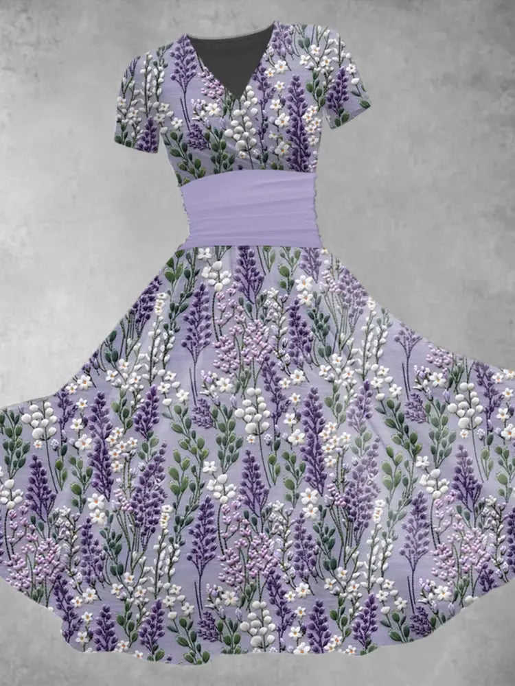 Women’s Alzheimer’s Awareness Purple Floral Print V-neck Short Sleeve Maxi Dress Purple / S