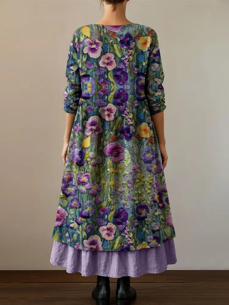 Women’s Alzheimer’s Awareness Purple Flower Printed Cotton Linen Long Sleeve Maxi Dress