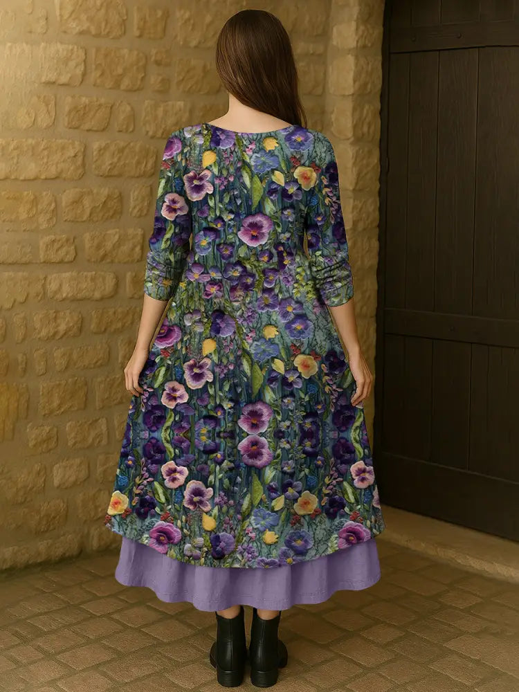 Women’s Alzheimer’s Awareness Purple Flower Printed Cotton Linen Long Sleeve Maxi Dress