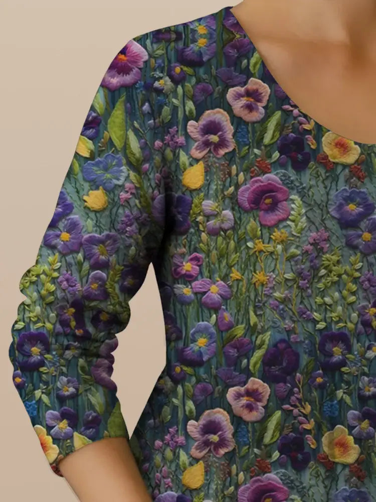Women’s Alzheimer’s Awareness Purple Flower Printed Cotton Linen Long Sleeve Maxi Dress