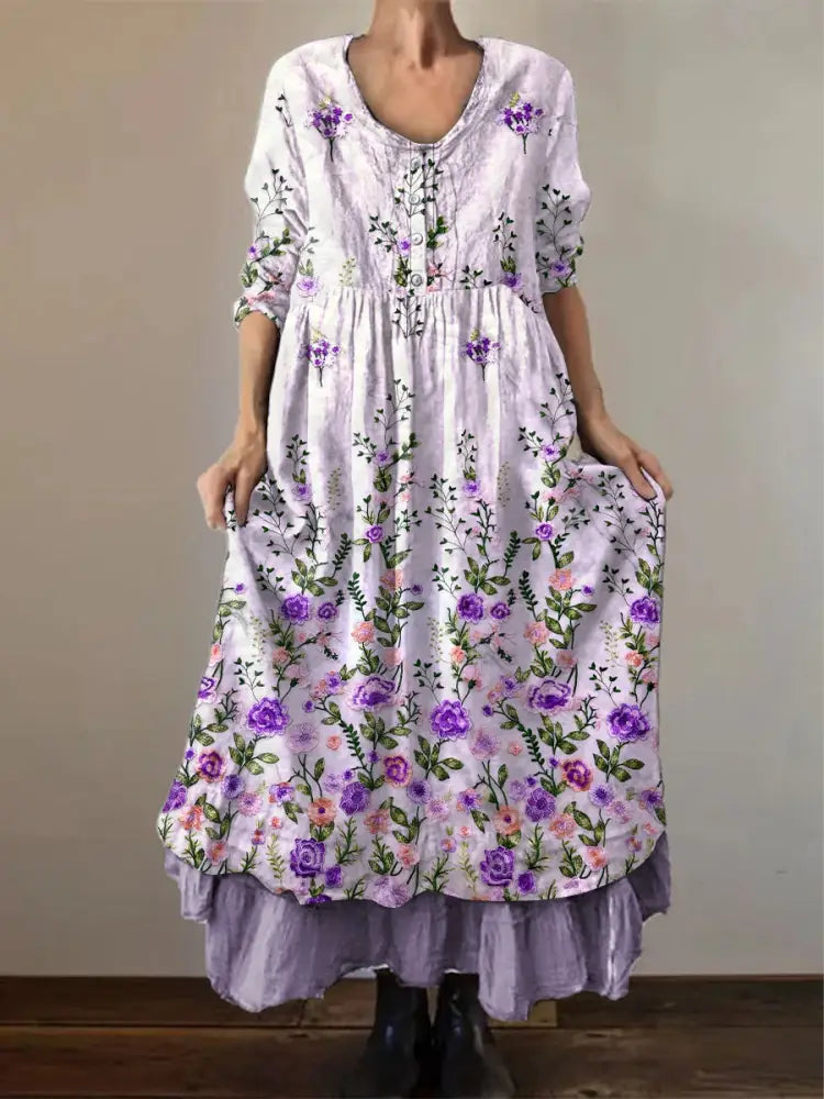 Women’s Alzheimer’s Awareness Purple Flower Printed Cotton Linen Long Sleeve Maxi Dress Light Purple / S