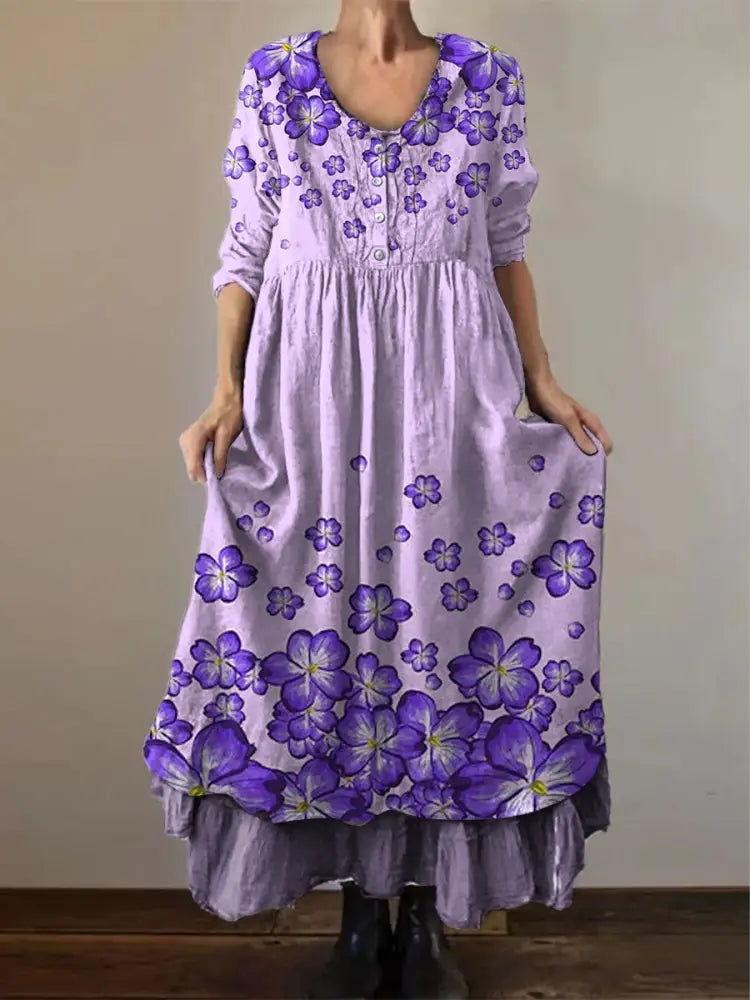 Women’s Alzheimer’s Awareness Purple Flower Printed Cotton Linen Long Sleeve Maxi Dress Purple / S